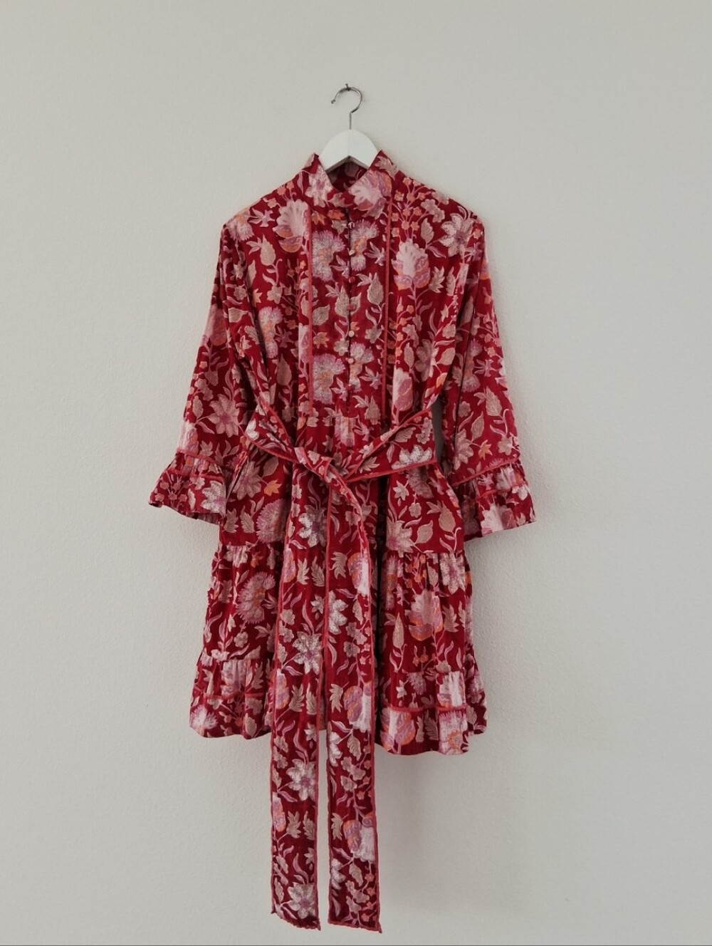 Sue Sartor Red Floral Block Print Flounce Sleeve Tiered Dress